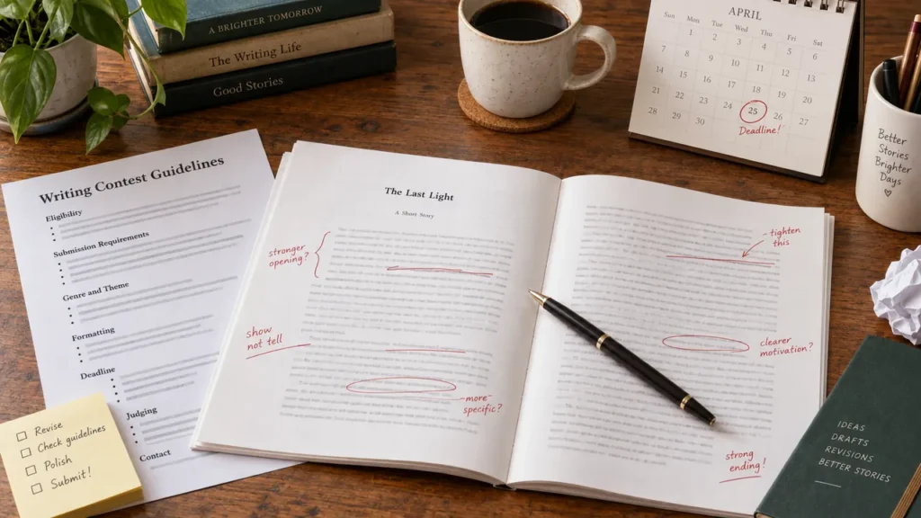 Illustration of a short-story draft with revisions beside contest guidelines and a deadline reminder.