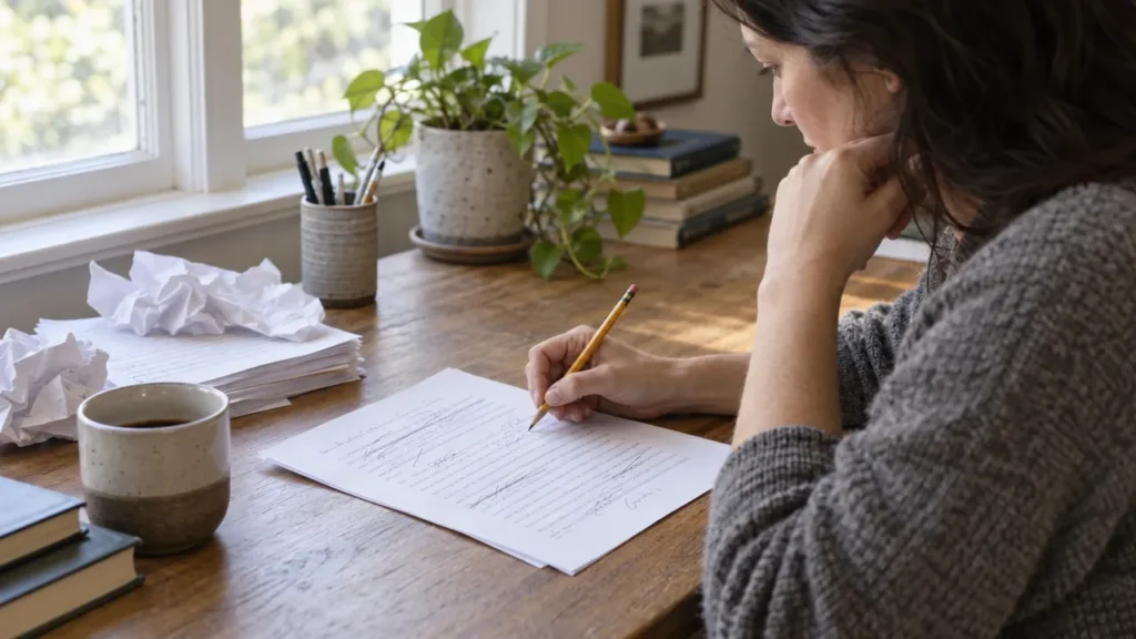A writer marks revisions on a short draft at a desk.