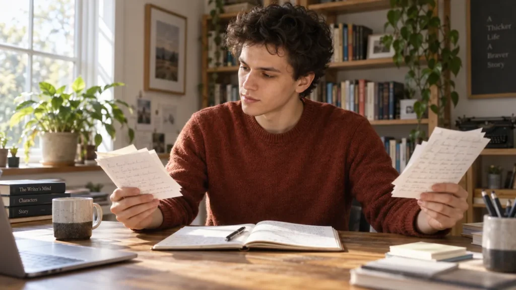 A writer compares character notes while drafting a scene at a desk.