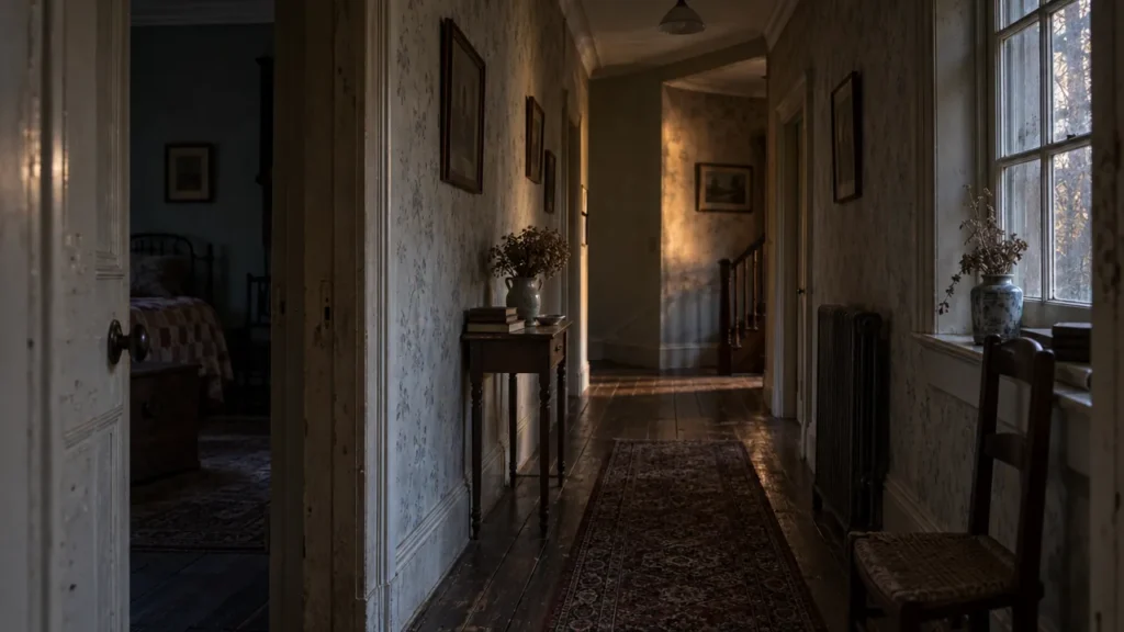 A dim hallway in an aging house turns out of sight beyond a partly open door.