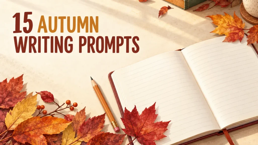Illustrated notebook, pencil and autumn leaves beneath the heading ‘15 Autumn Writing Prompts’.