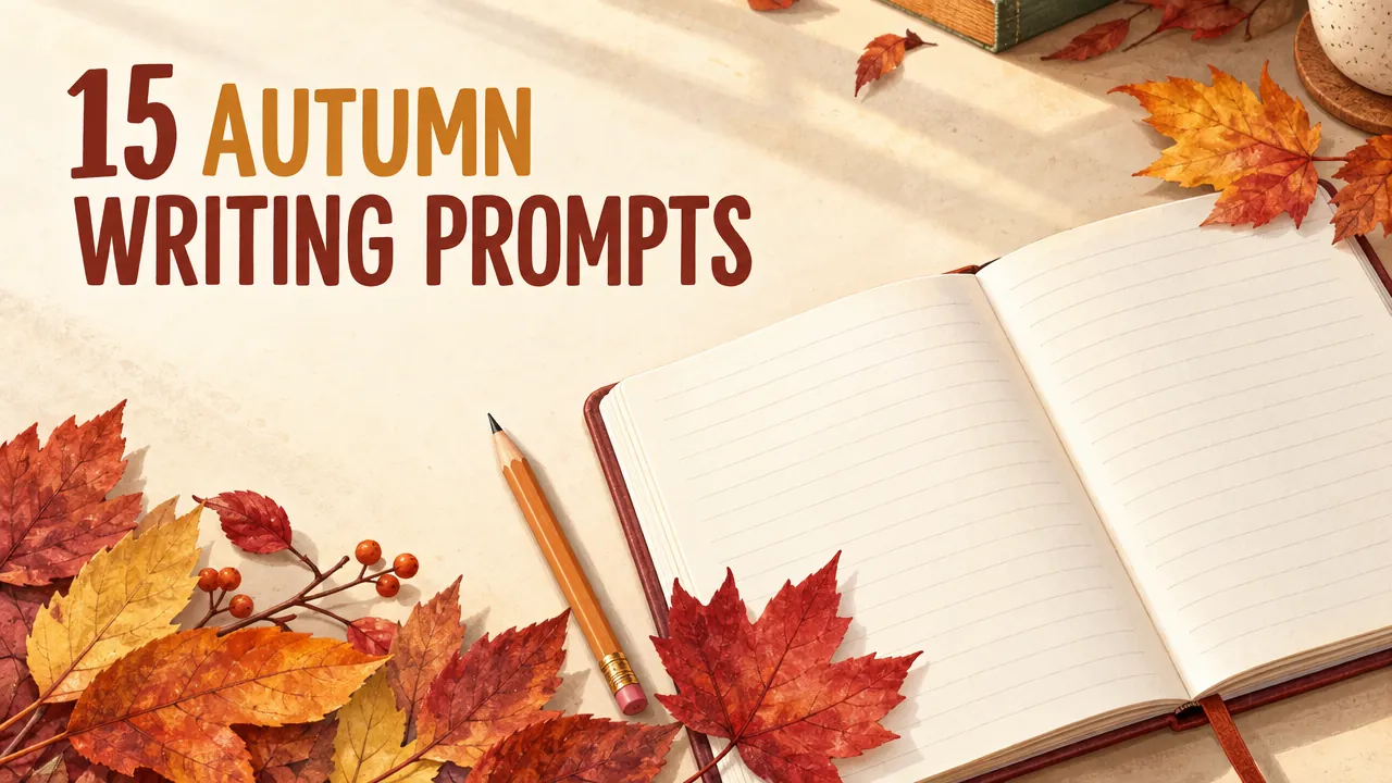 Illustrated notebook, pencil and autumn leaves beneath the heading ‘15 Autumn Writing Prompts’.